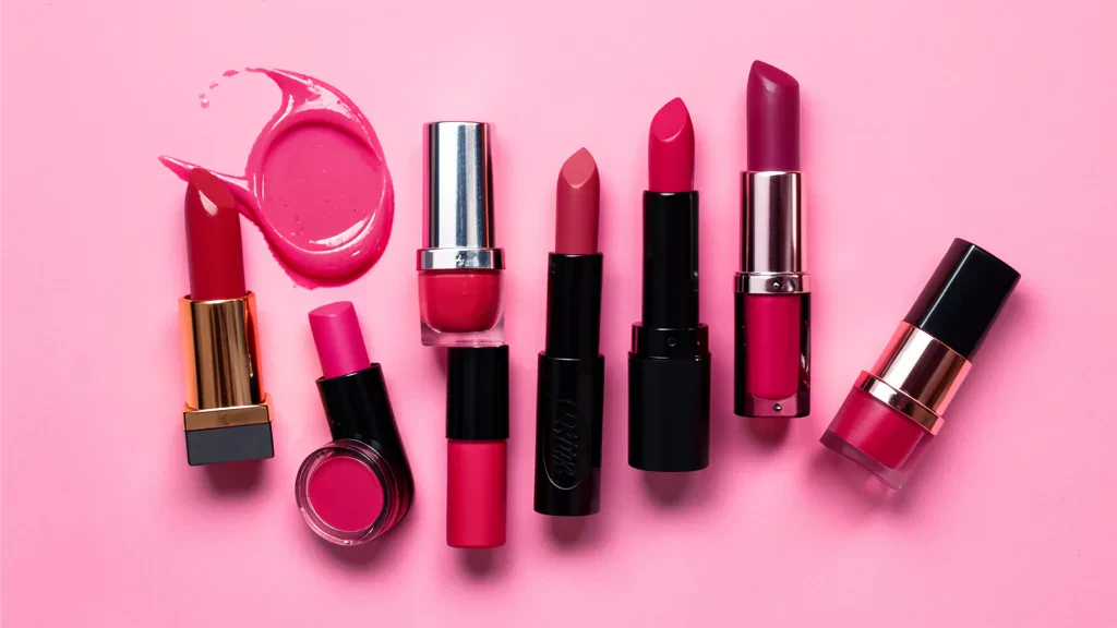 Professional makeup flatlay with tools and products